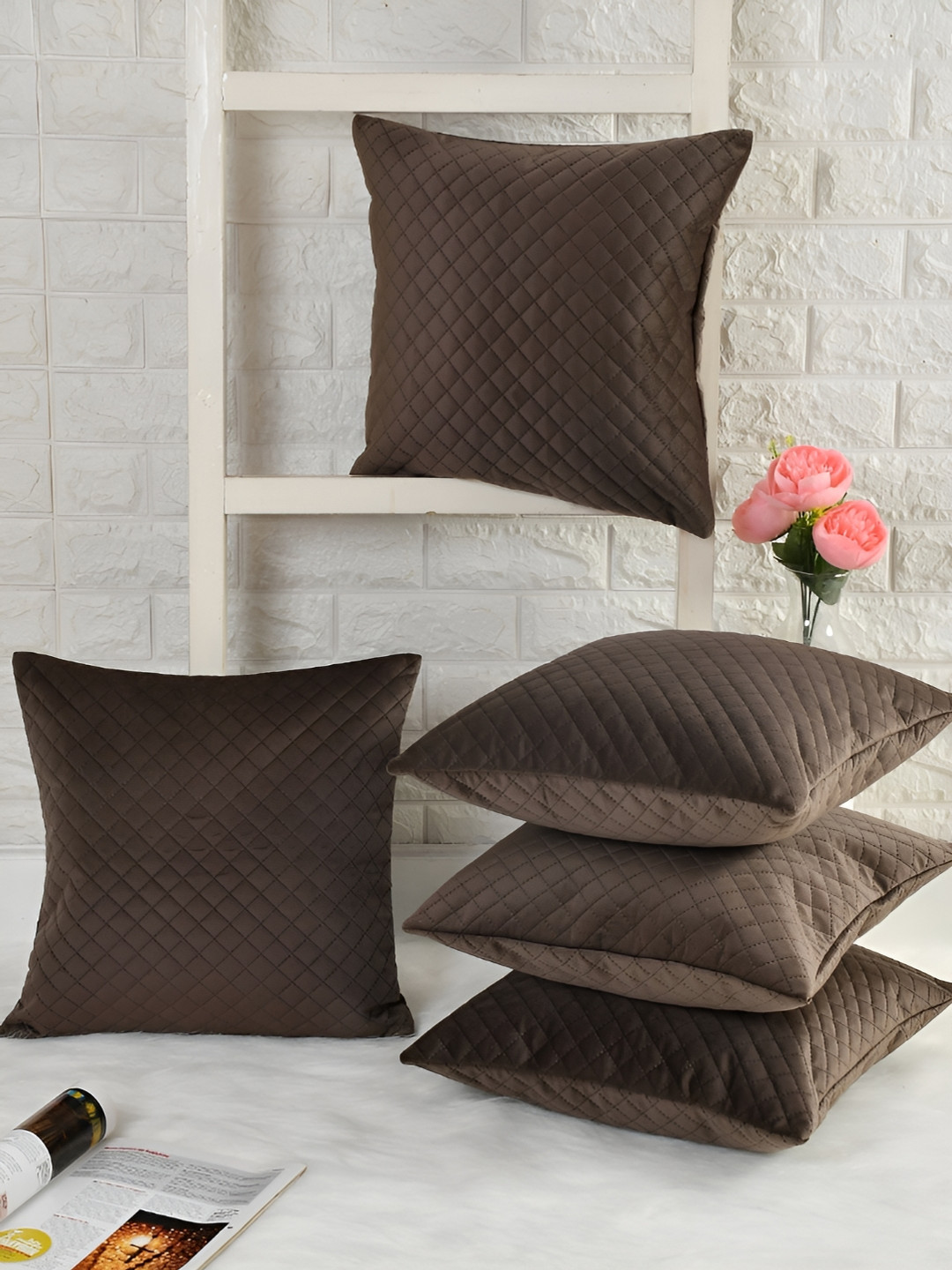 

HOMADORN Brown 5 Pieces Checked Velvet Square Cushion Covers