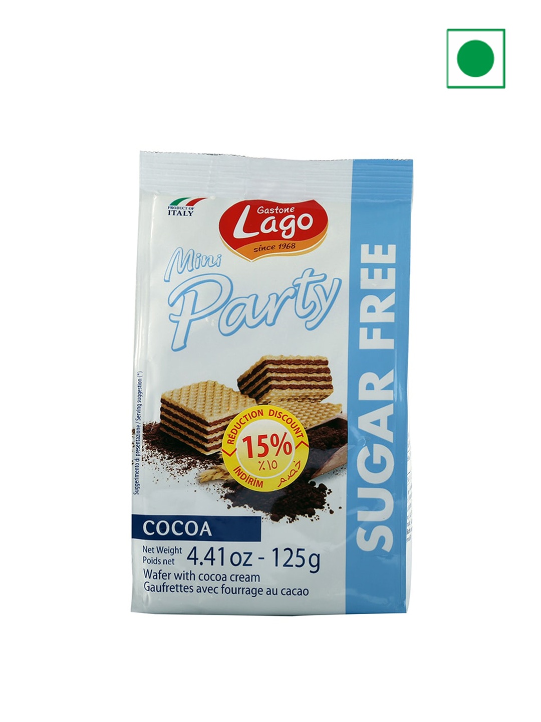

Lago Mini Party Wafers Cocoa Cream Sugar-Free 125 gms, White