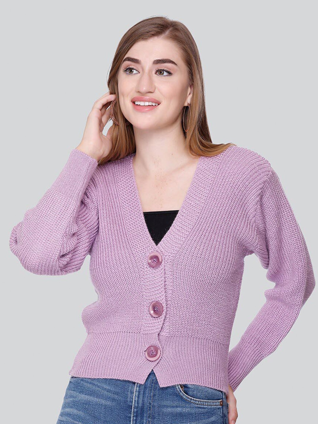 

Winter Wonders Ribbed Crop Acrylic Cardigan Sweater, Lavender