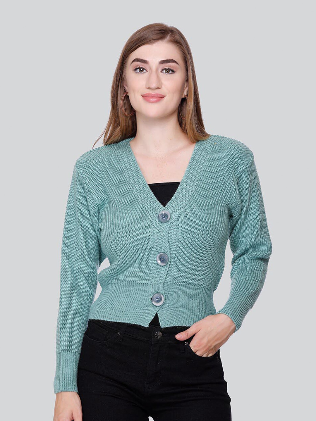 

Winter Wonders Ribbed Crop Acrylic Cardigan Sweater, Sea green