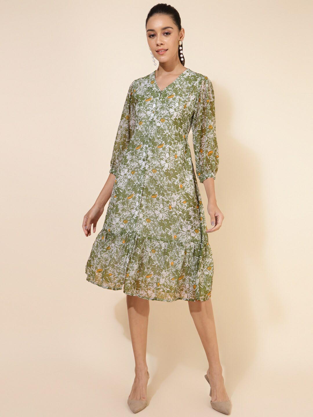 

Janasya Floral Printed Puff Sleeve Georgette A-Line Dress, Green