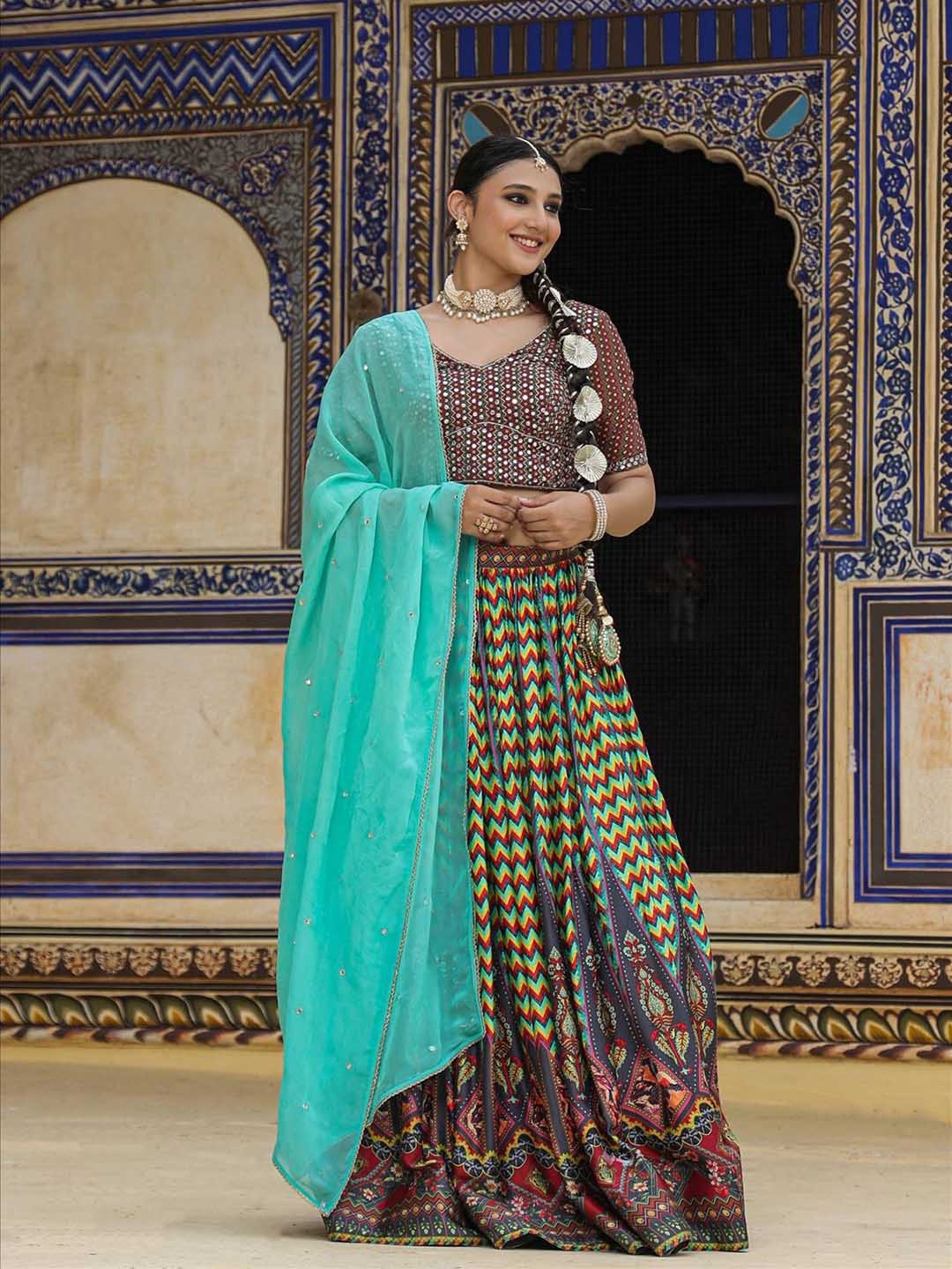 

SCAKHI Printed Mirror Work Ready To Wear Lehenga & Blouse With Dupatta, Red