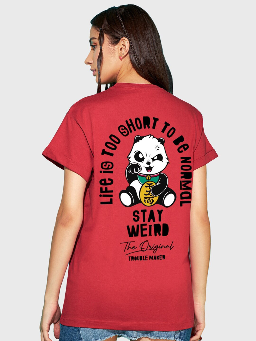 

Bewakoof Stay Weird Typography Printed Pure Cotton Boyfriend T-shirt, Red