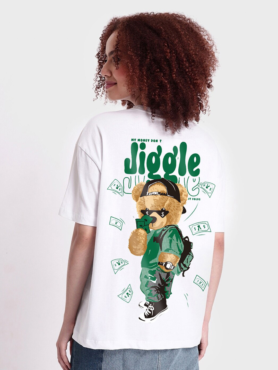 

Bewakoof Money Don't Jiggle Printed Drop-Shoulder Sleeves Oversized Pure Cotton T-shirt, White