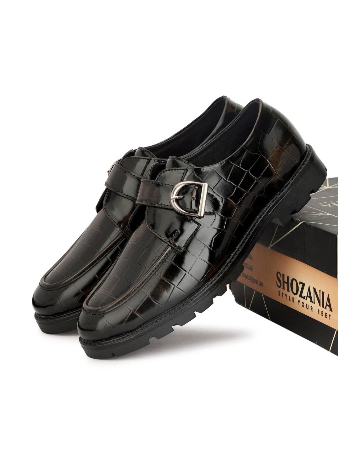 

SHOZANIA Men Textured Leather Formal Monk Shoes With Buckle Detail, Brown