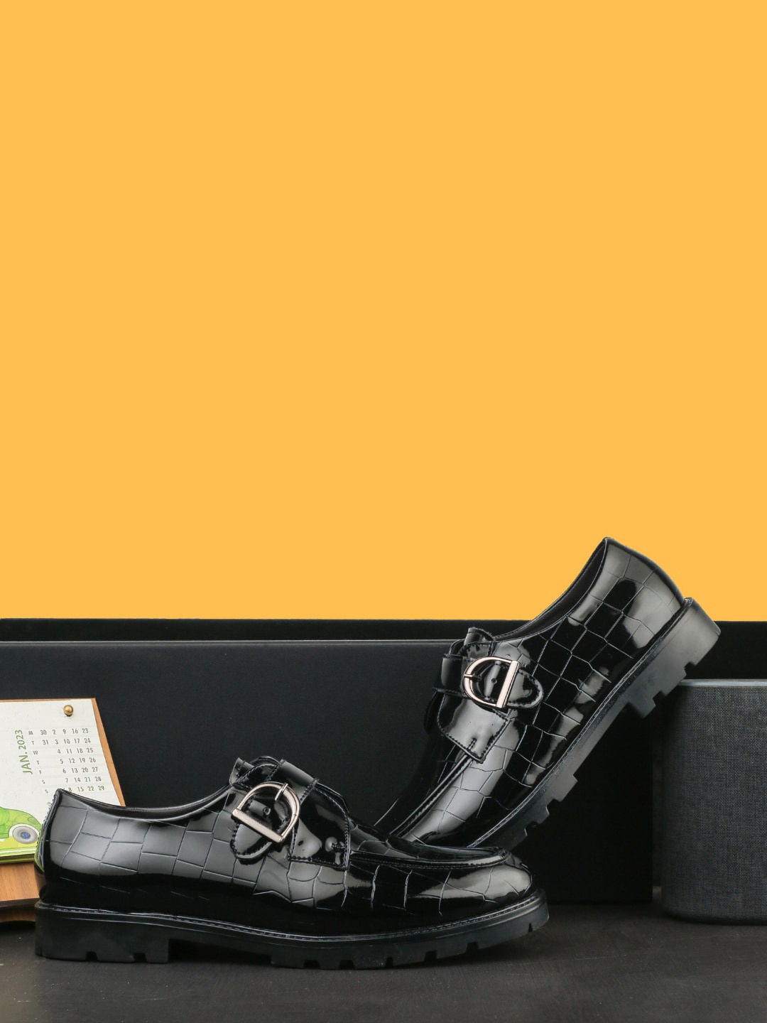 

SHOZANIA Men Textured Leather Formal Monk Shoes, Black