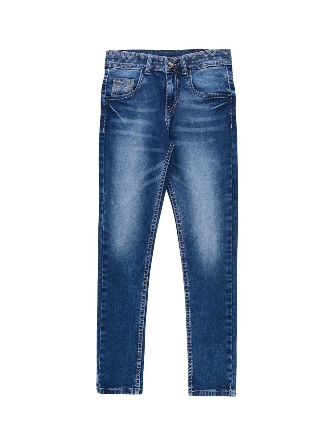 

Jean Cafe Girls Jean Slim Fit Whiskers & Chevrons Heavy Fade Cotton Jeans, Blue