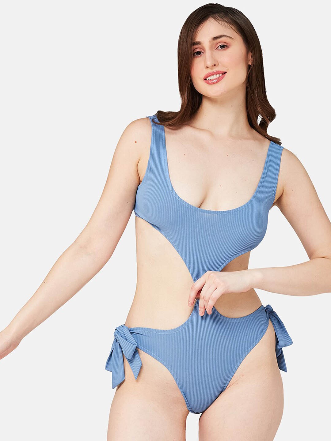 

SECRETS BY ZEROKAATA Women Ribbed Beachwear Bodysuits, Blue