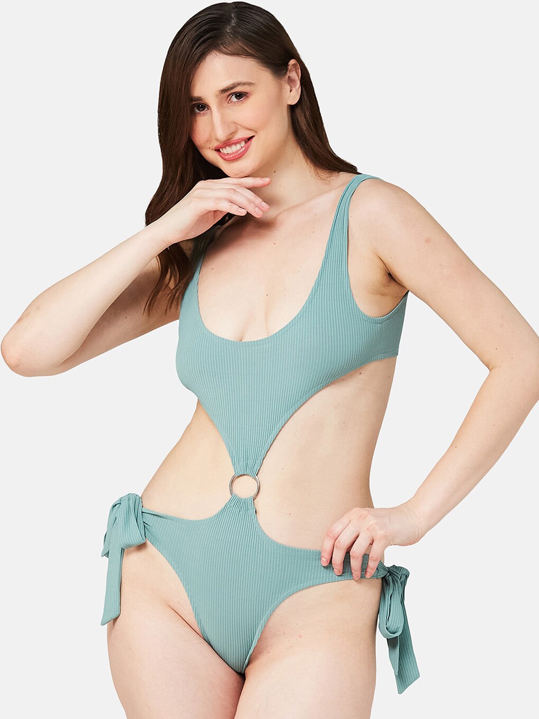 

Luxury By ZeroKaata Ribbed Beach-Wear Bodysuit with Tie-Up Detail, Sea green