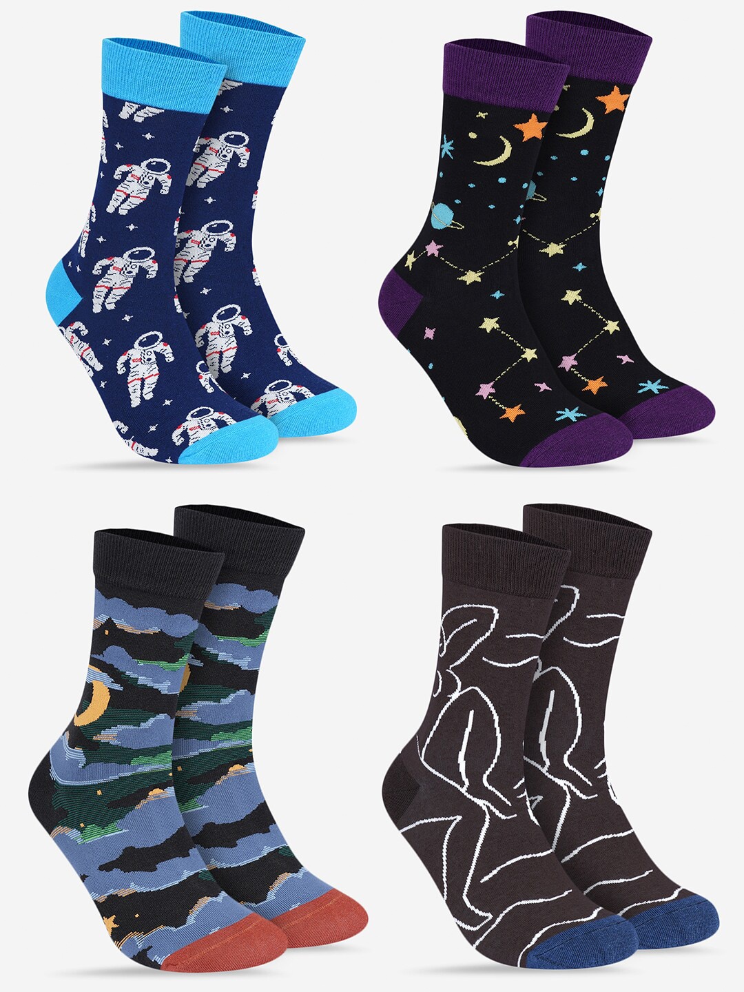 

TOFFCRAFT Pack Of 4 Patterned Calf Length Socks, Blue