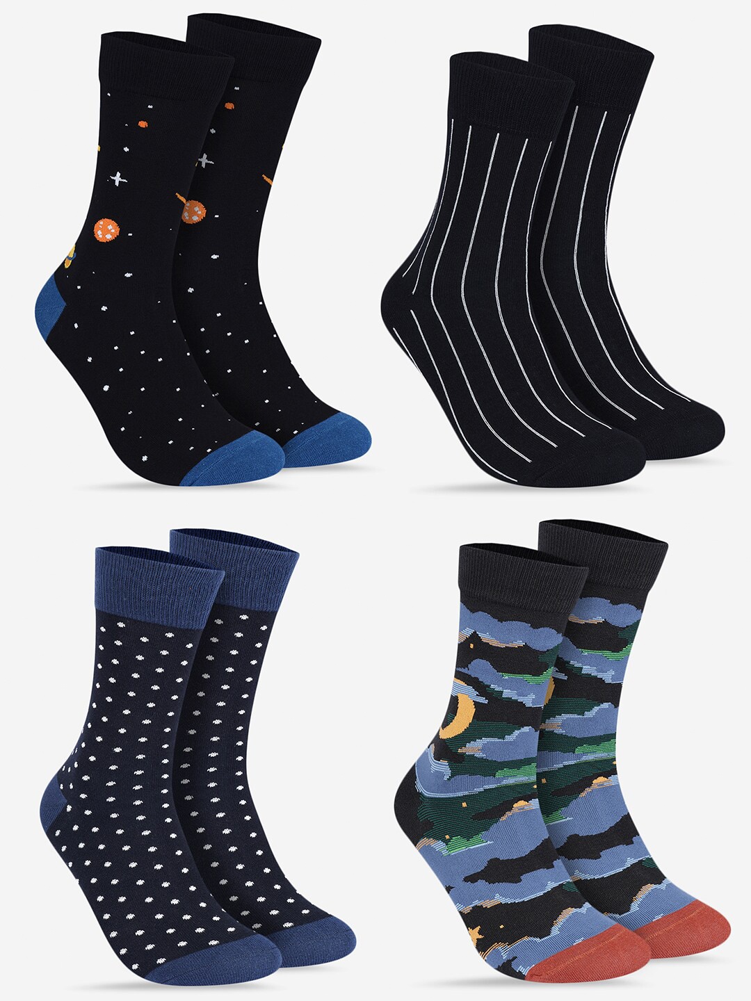 

TOFFCRAFT Unisex Pack Of 4 Patterned Calf Length Socks, Navy blue