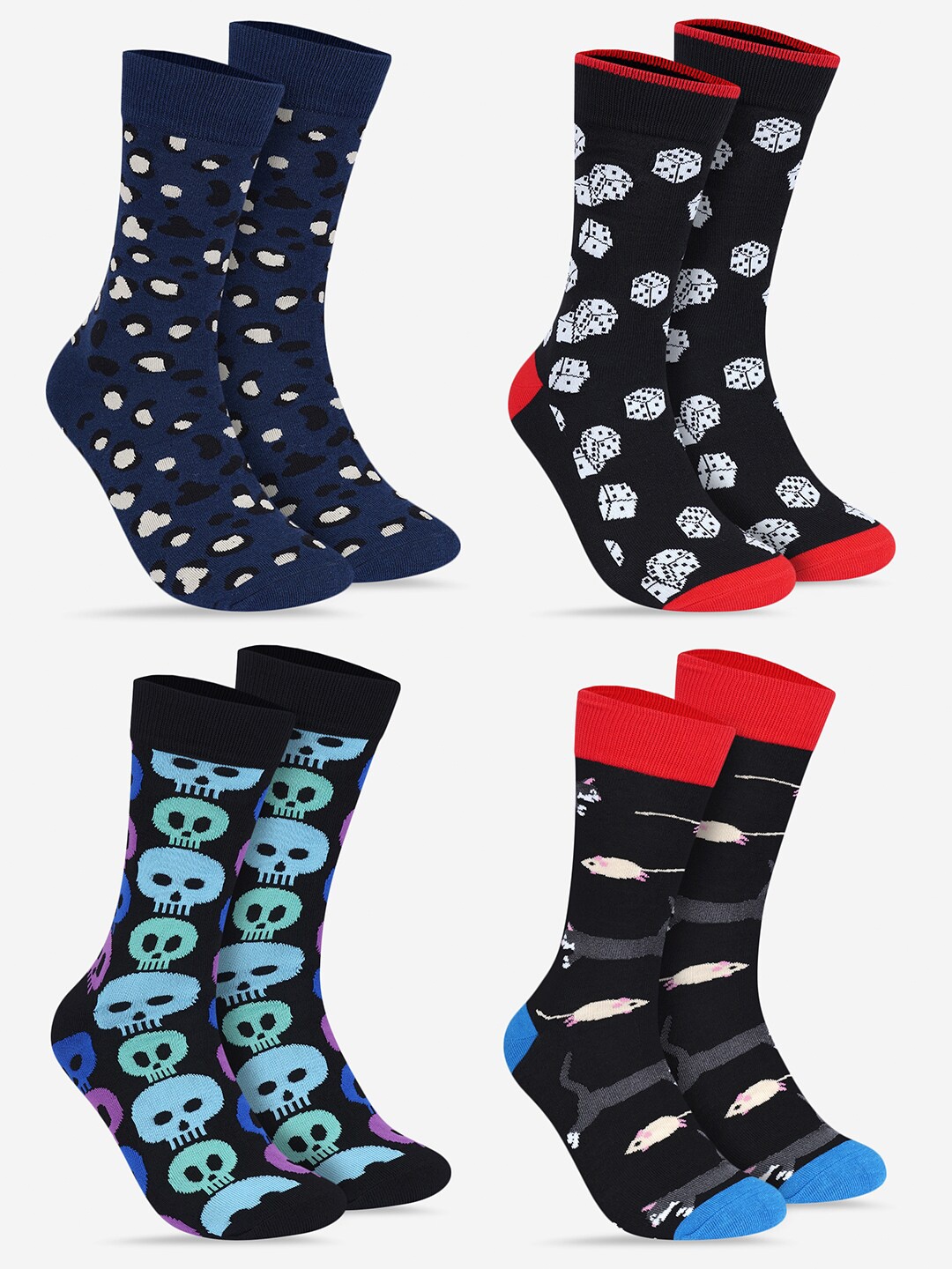 

TOFFCRAFT Unisex Pack Of 4 Patterned Calf Length Socks, Navy blue