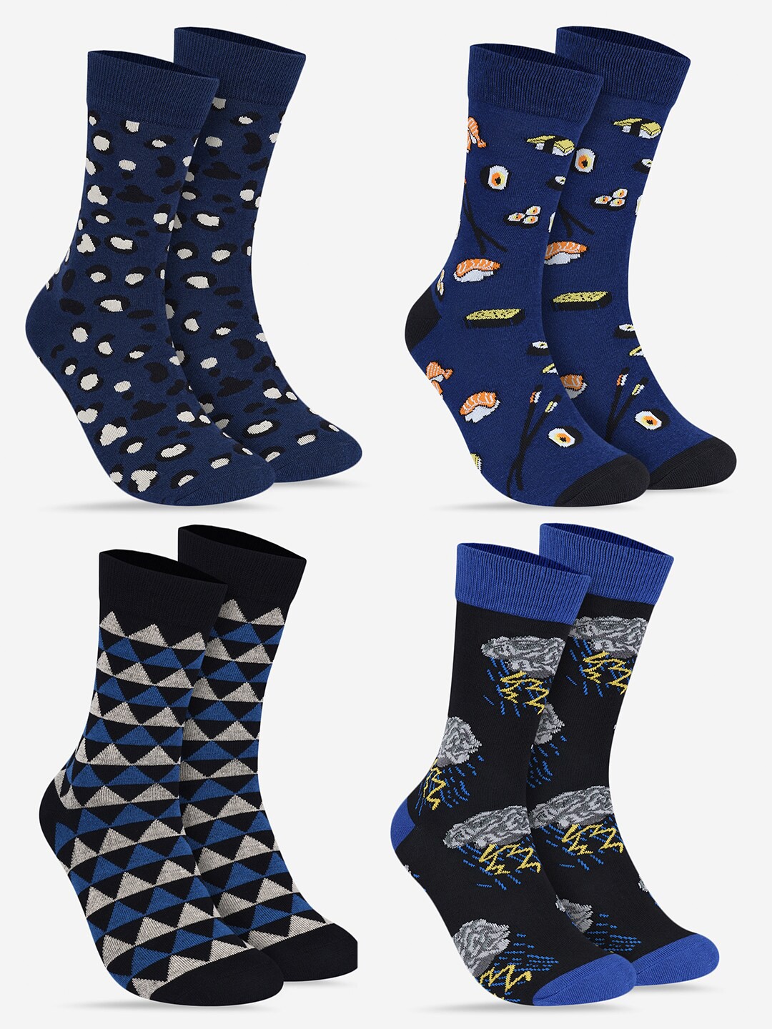 

TOFFCRAFT Unisex Pack Of 4 Patterned Calf Length Socks, Navy blue