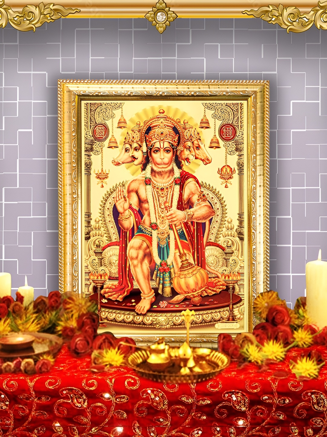 

Hawai Gold Toned Panchmukhi Hanuman Bajrangbali Wooden Wall Photo Frame