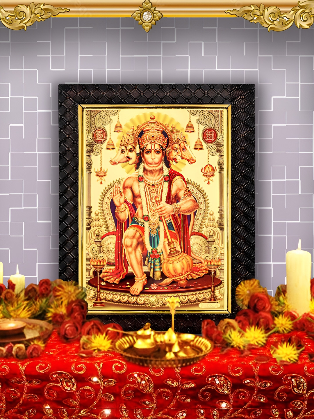 

Hawai Black & Gold Toned Panchmukhi Hanuman Bajrangbali Wooden Wall Photo Frame