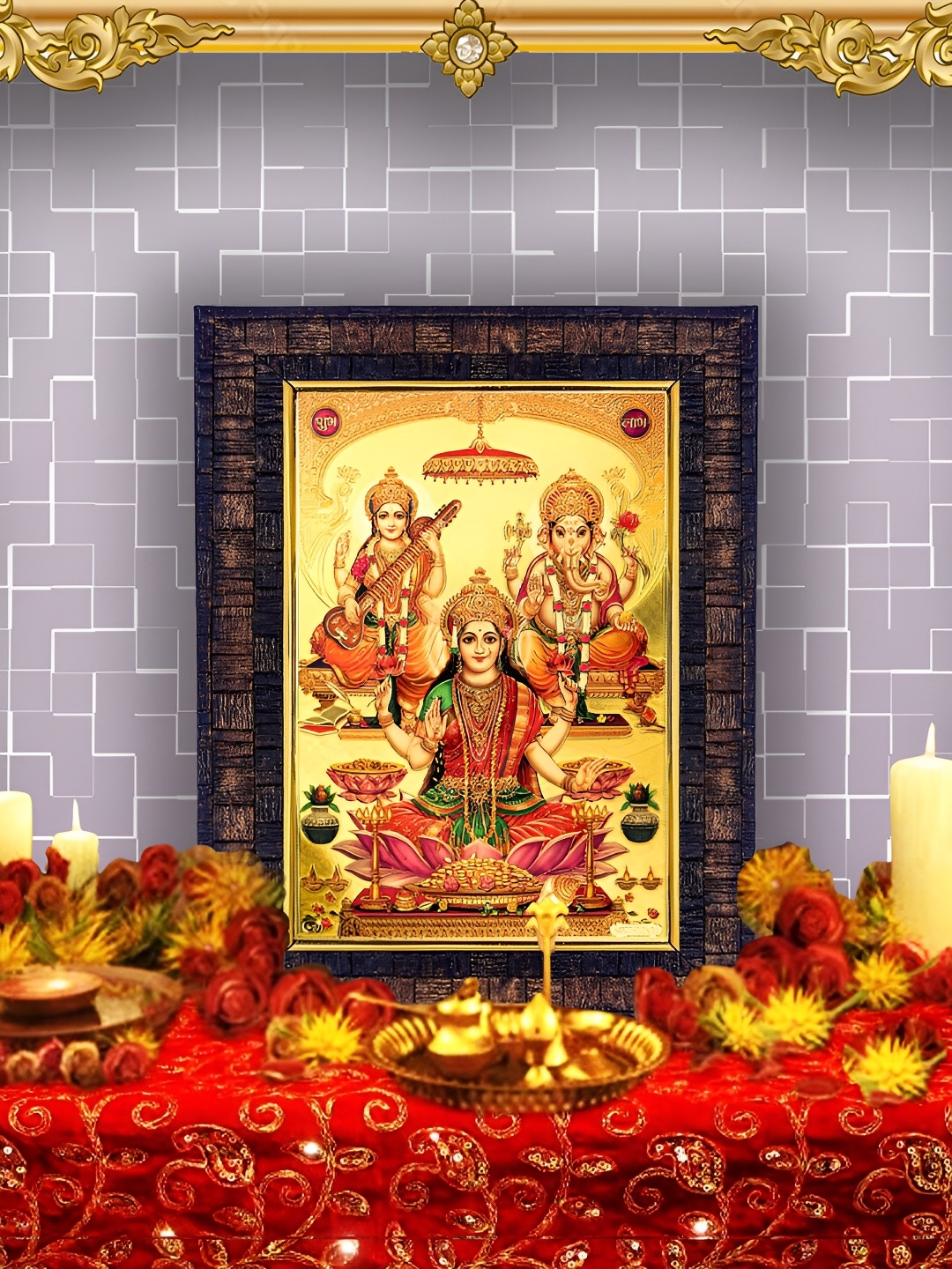 

Hawai Black & Gold Toned God Lakshmi Saraswati Ganesha Wooden Wall Photo Frame, Brown