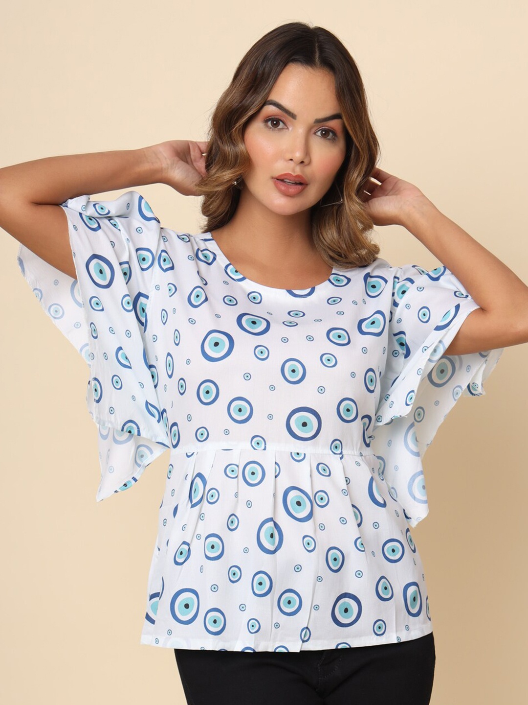 

VAIRAGEE Geometric Printed Flared Sleeves Top, Blue