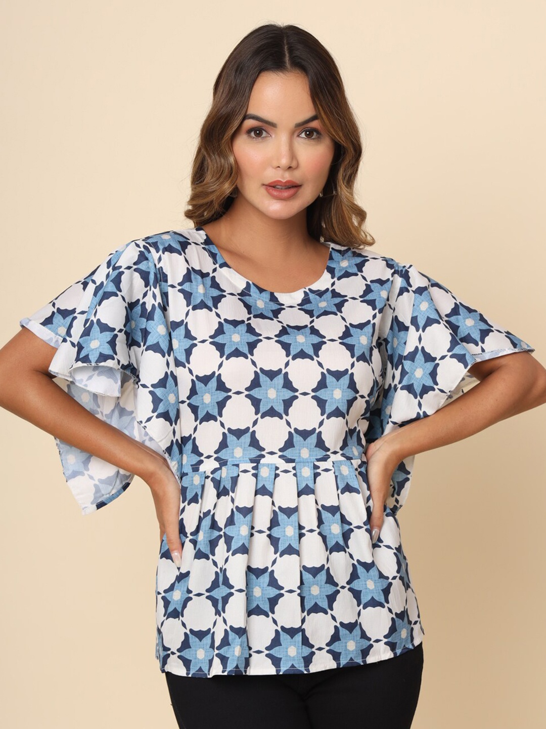 

VAIRAGEE Floral Printed Flared Sleeves Top, Navy blue