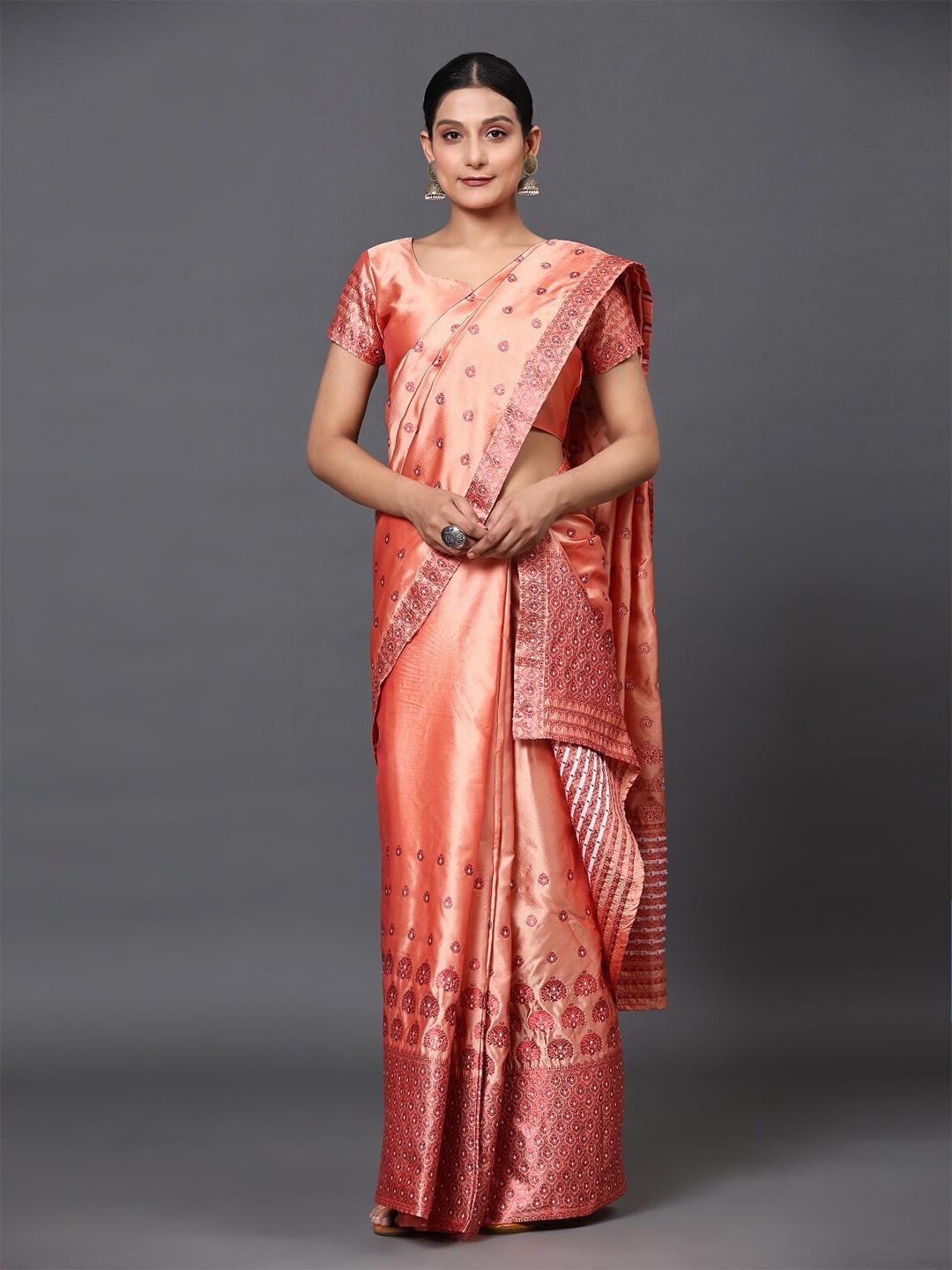 

GoStyle Orange Embellished Banarasi Saree