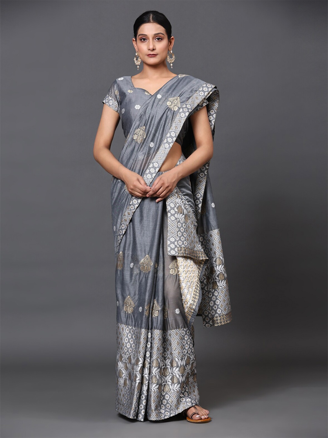 

GoStyle Mekhela Ethnic Motifs Silk Cotton Assamese saree, Grey