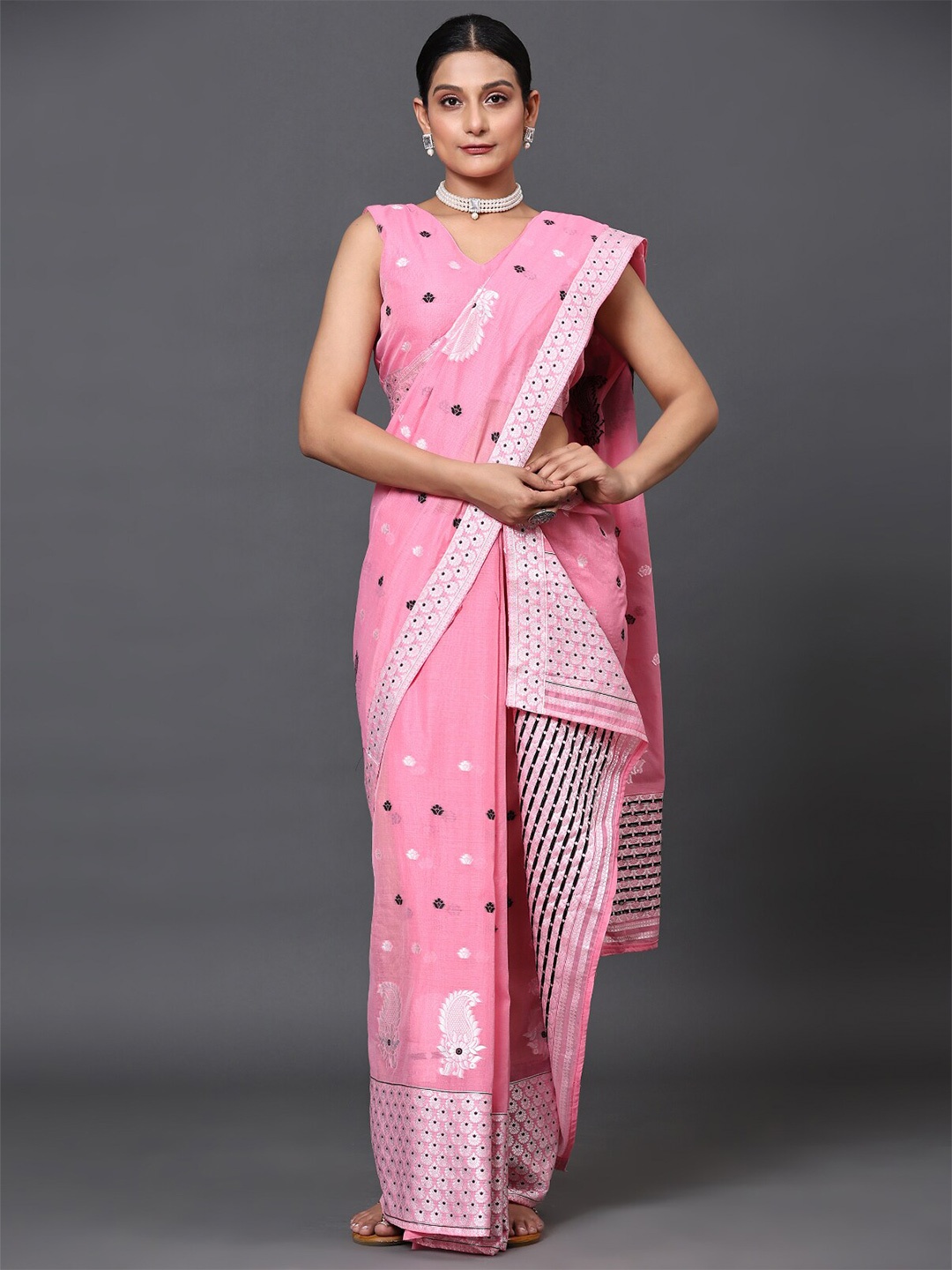 

GoStyle Mekhela Ethnic Motifs Silk Cotton Assamese saree, Pink