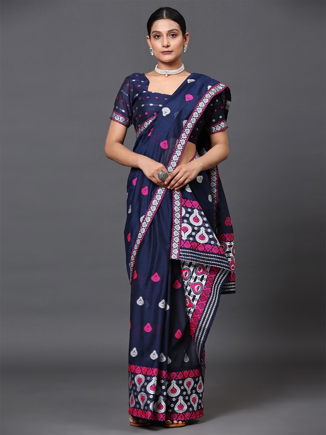 

GoStyle Mekhela Ethnic Motifs Silk Cotton Assamese saree, Blue