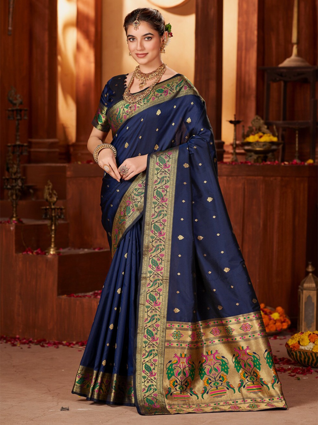 

Kalapushpi Ethnic Motifs Woven Design Paithani Saree, Navy blue