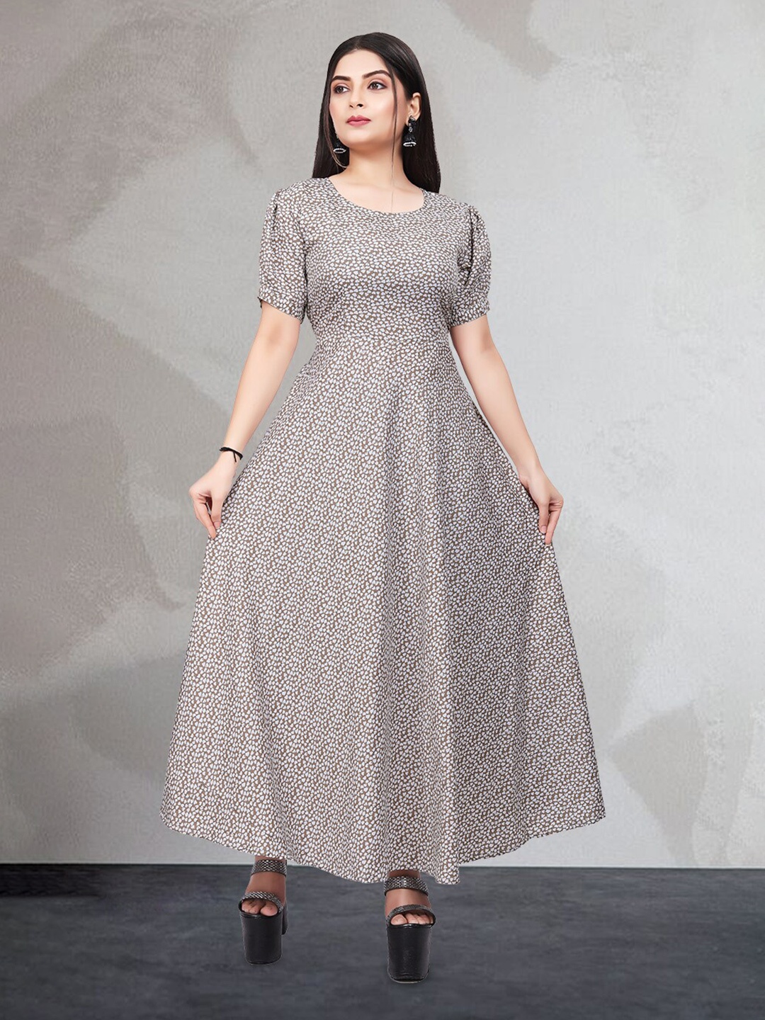 

N N ENTERPRISE Ethnic Motifs Printed Puffed Sleeves A-Line Maxi Dress, Brown