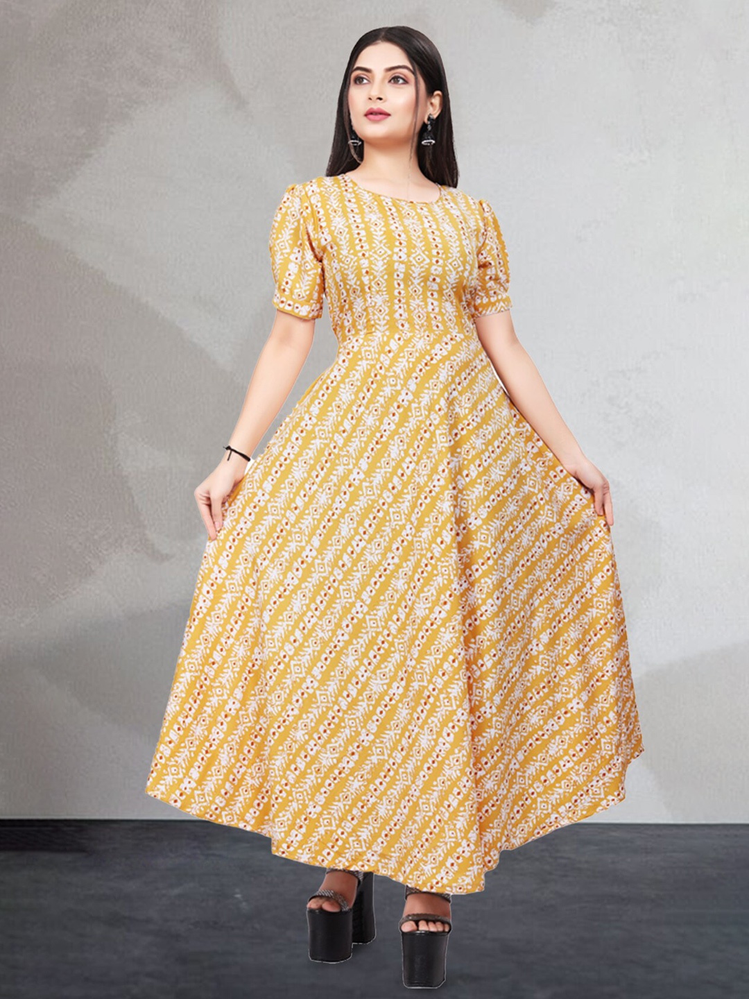 

N N ENTERPRISE Geometric Printed Puff Sleeve Ethnic Dress, Yellow