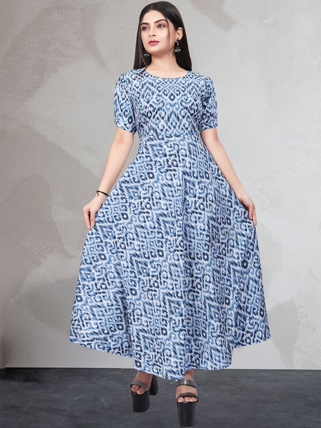 

N N ENTERPRISE Geometric Printed Puff Sleeves Fit and Flare Dresses, Blue