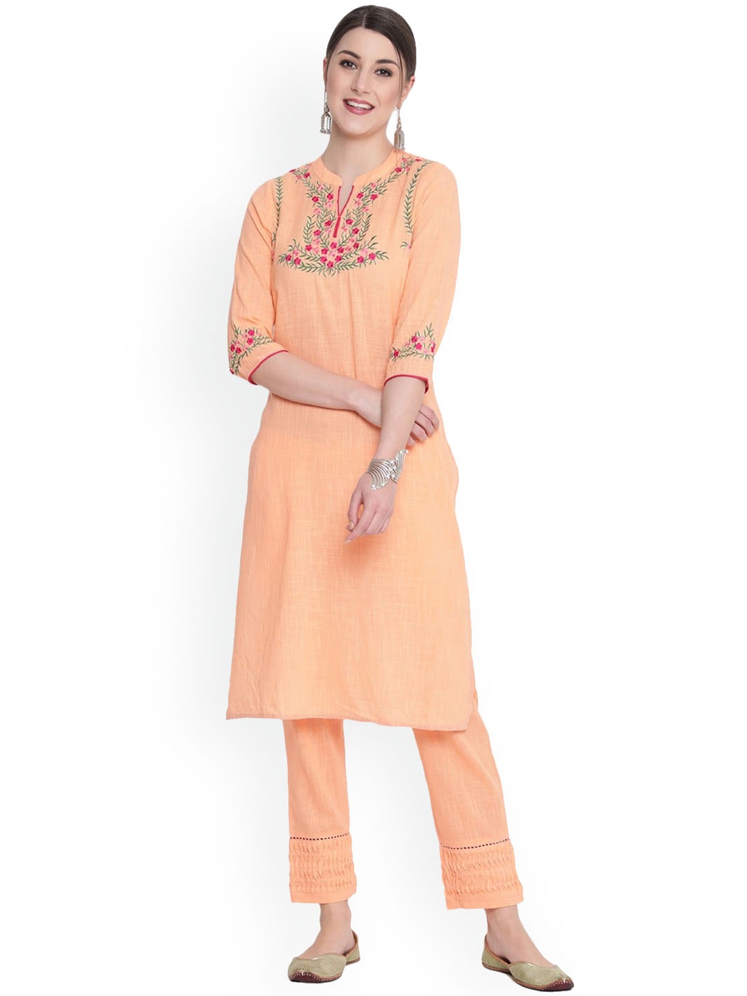 

SAVI Floral Embroidered Thread Work Pure Cotton Straight Kurta With Trousers, Peach