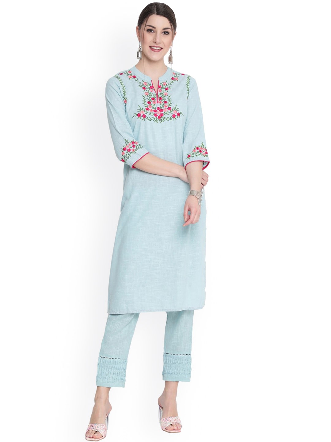 

SAVI Floral Embroidered Thread Work Pure Cotton Straight Kurta With Trousers, Blue