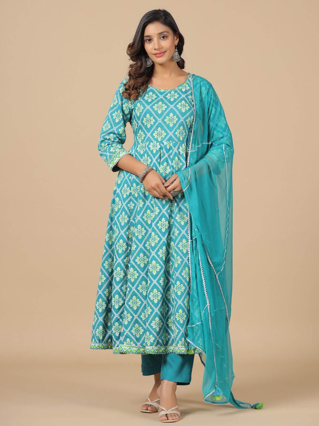 

SAVI Embellished Printed Anarkali Set with Dupatta, Green