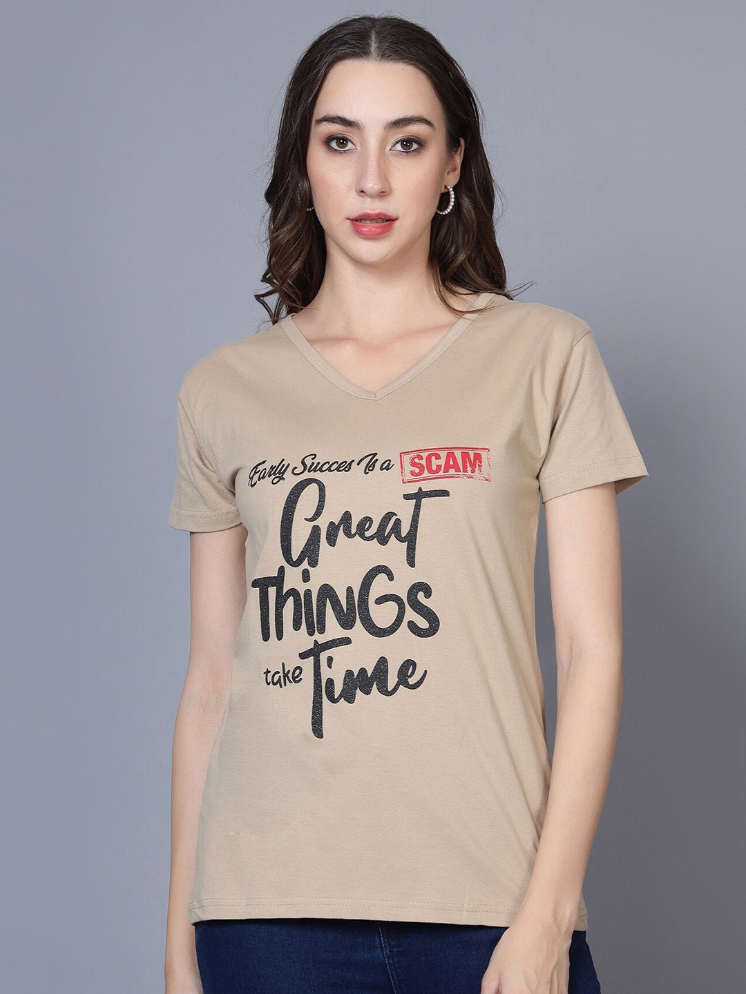 Fleximaa Typography Printed V-Neck Pure Cotton T-shirt, Beige