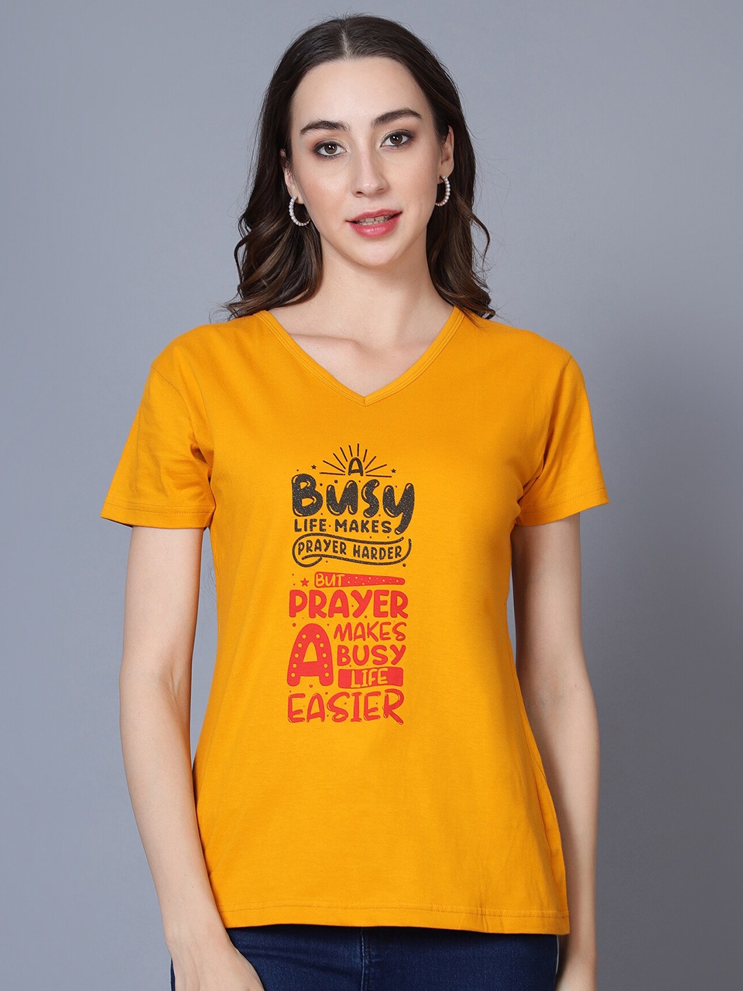 

Fleximaa Typography Printed V-Neck Pure Cotton T-shirt, Yellow