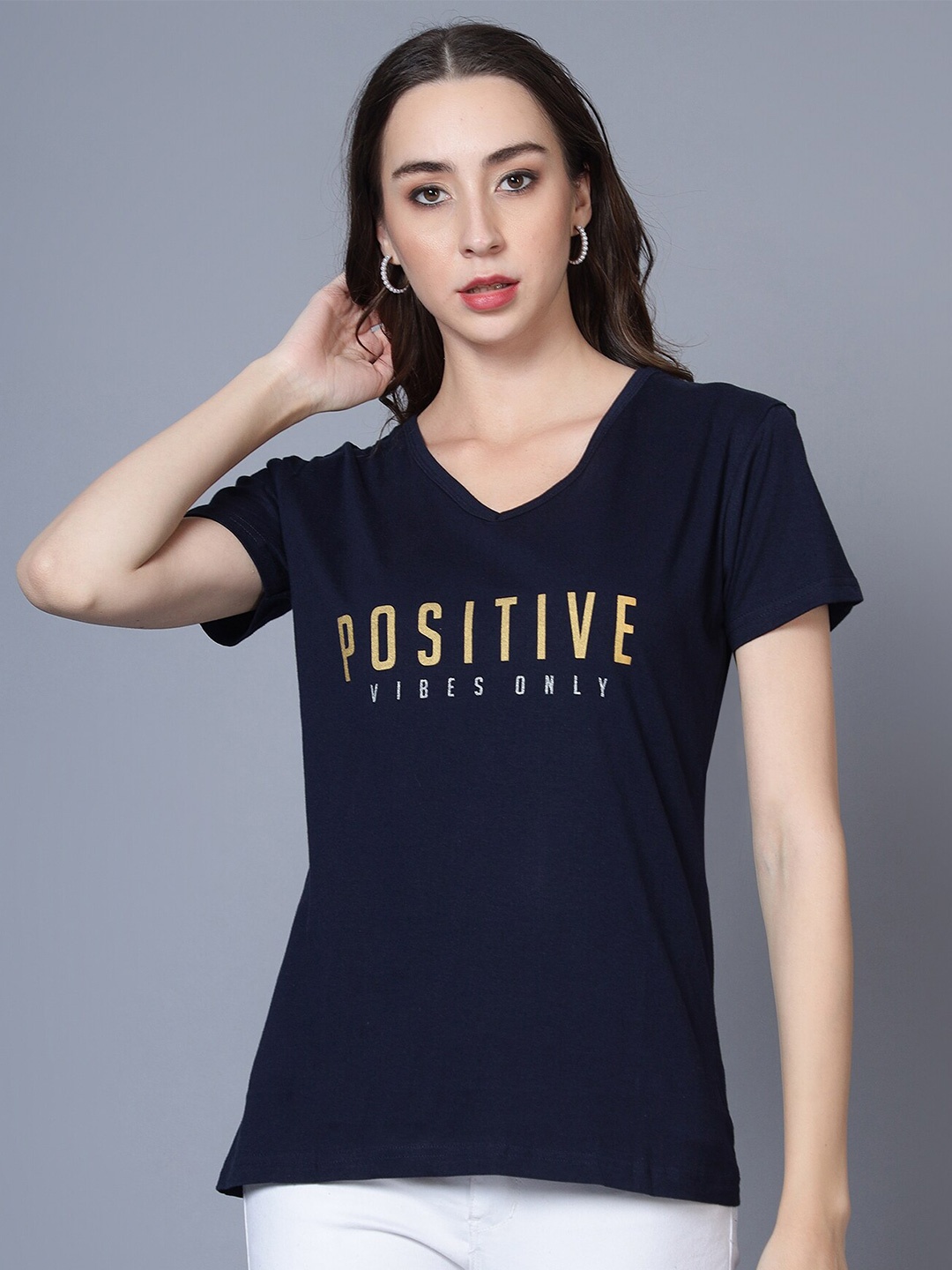 

Fleximaa Typography Printed V-Neck Pure Cotton T-Shirt, Navy blue