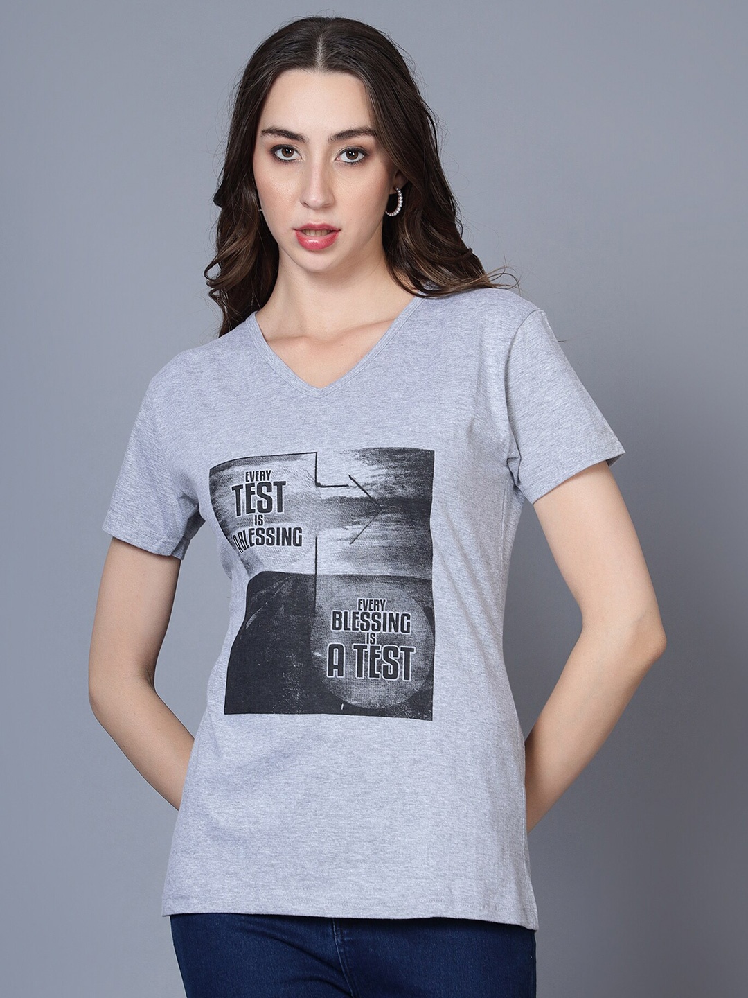 

Fleximaa Typography Printed V-Neck Pure Cotton T-shirt, Grey