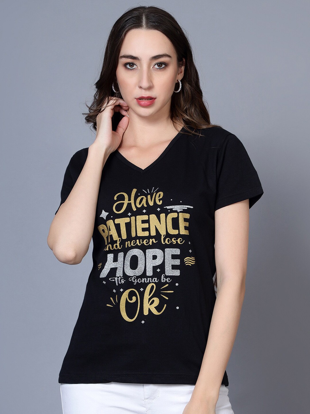 

Fleximaa Typography Printed V-Neck Pure Cotton T-shirt, Black