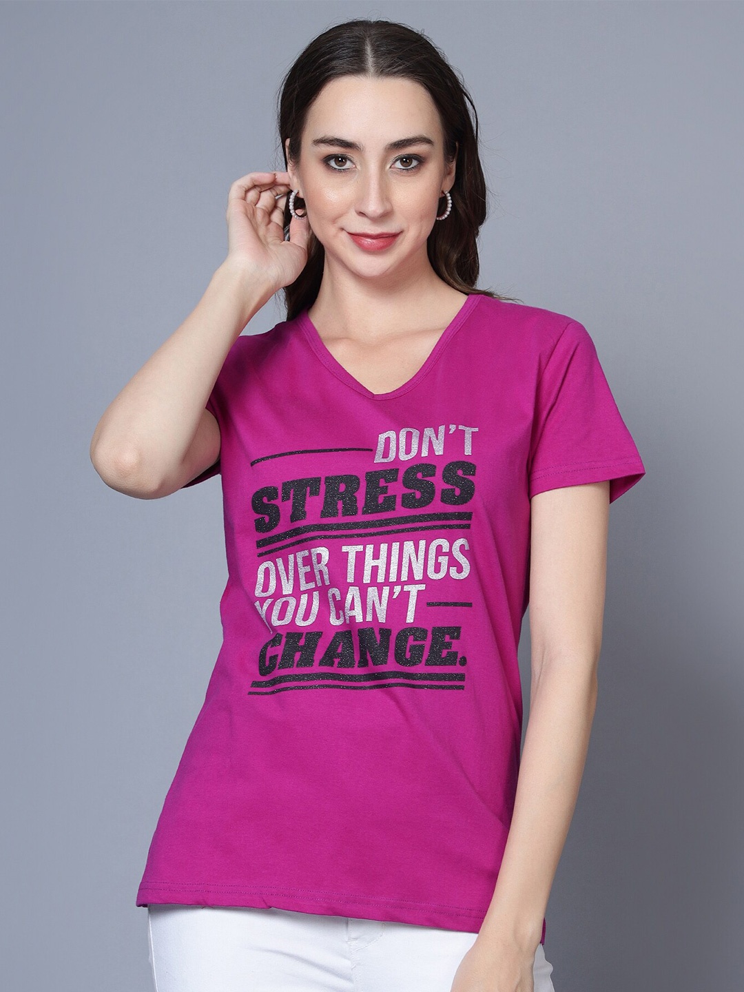 

Fleximaa Typography Printed V-Neck Pure Cotton T-shirt, Magenta