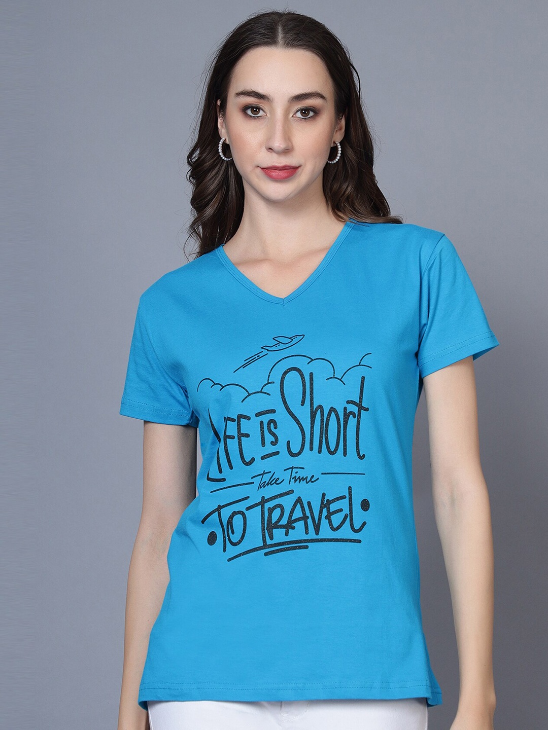 Fleximaa Typography Printed V-Neck Pure Cotton T-shirt, Blue