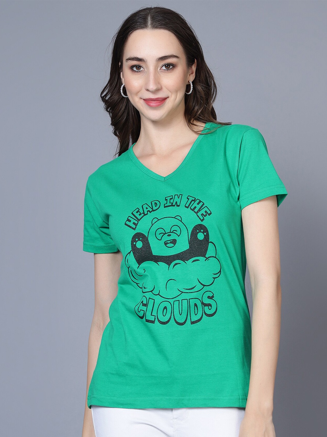 

Fleximaa Graphic Printed V-Neck Pure Cotton T-Shirt, Green