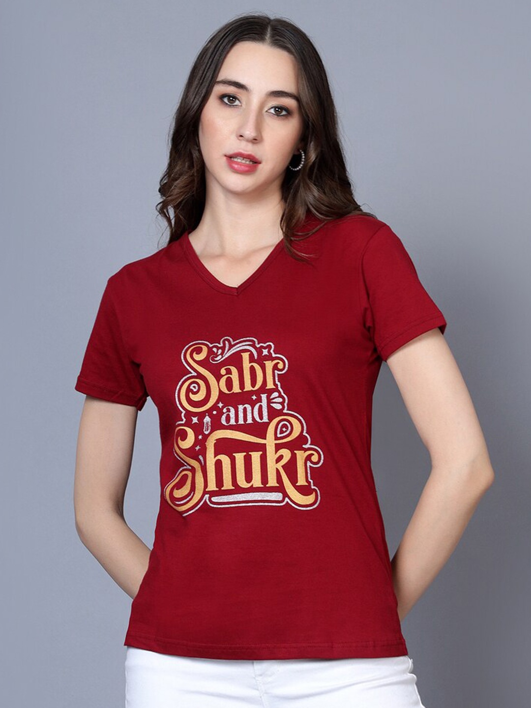 

Fleximaa Typography Printed V-Neck Pure Cotton T-shirt, Maroon