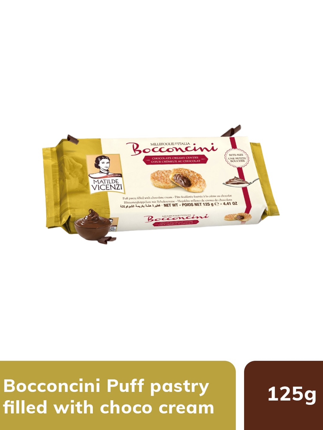 

Matilde Vicenzi Bocconcini Puff Pastry Filled With Choco Cream Coolies-125gms, Coffee brown