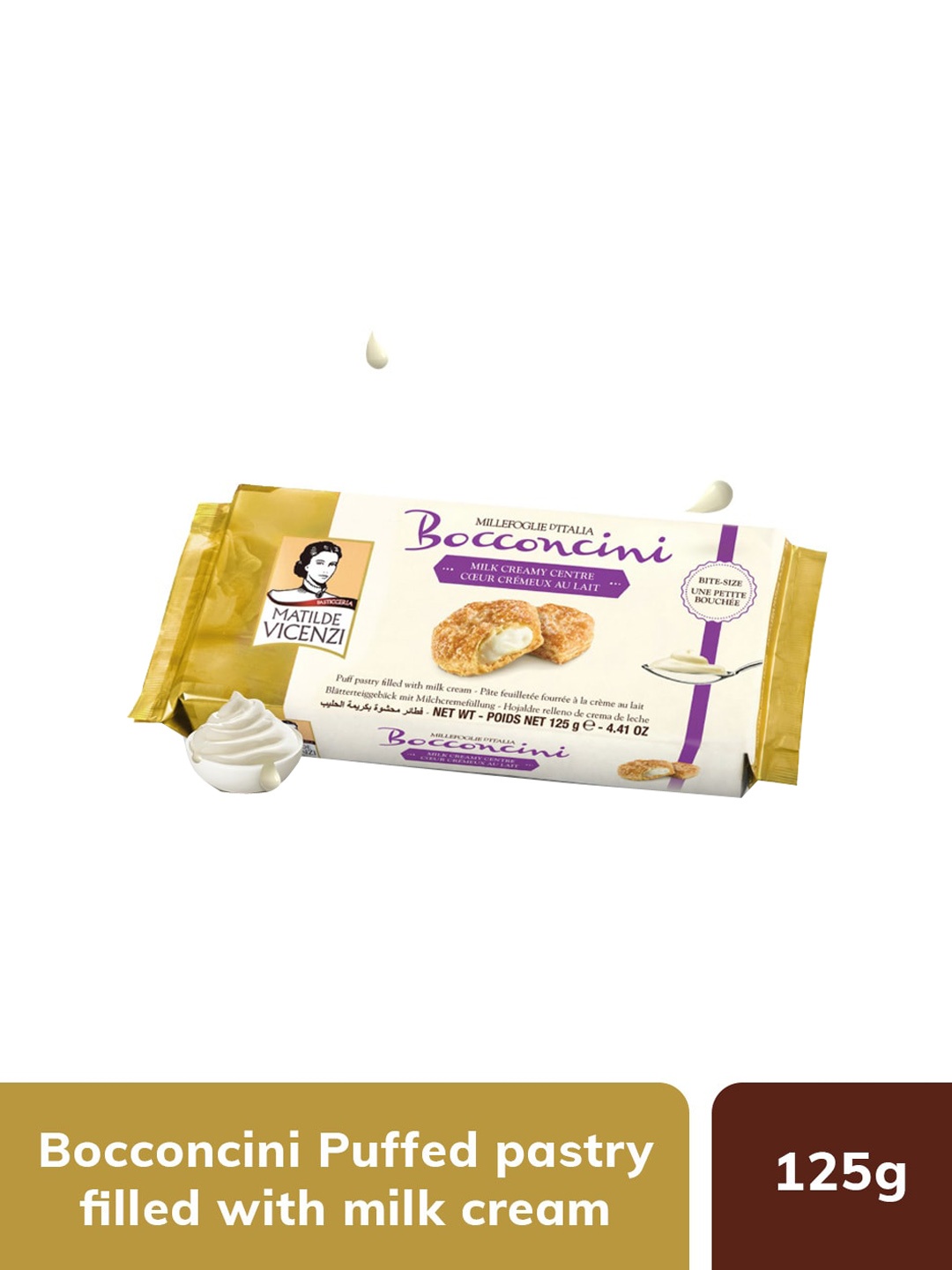 

Matilde Vicenzi Bocconcini Puff Pastry Filled With Milk Cream Cookies- 125gm, Coffee brown