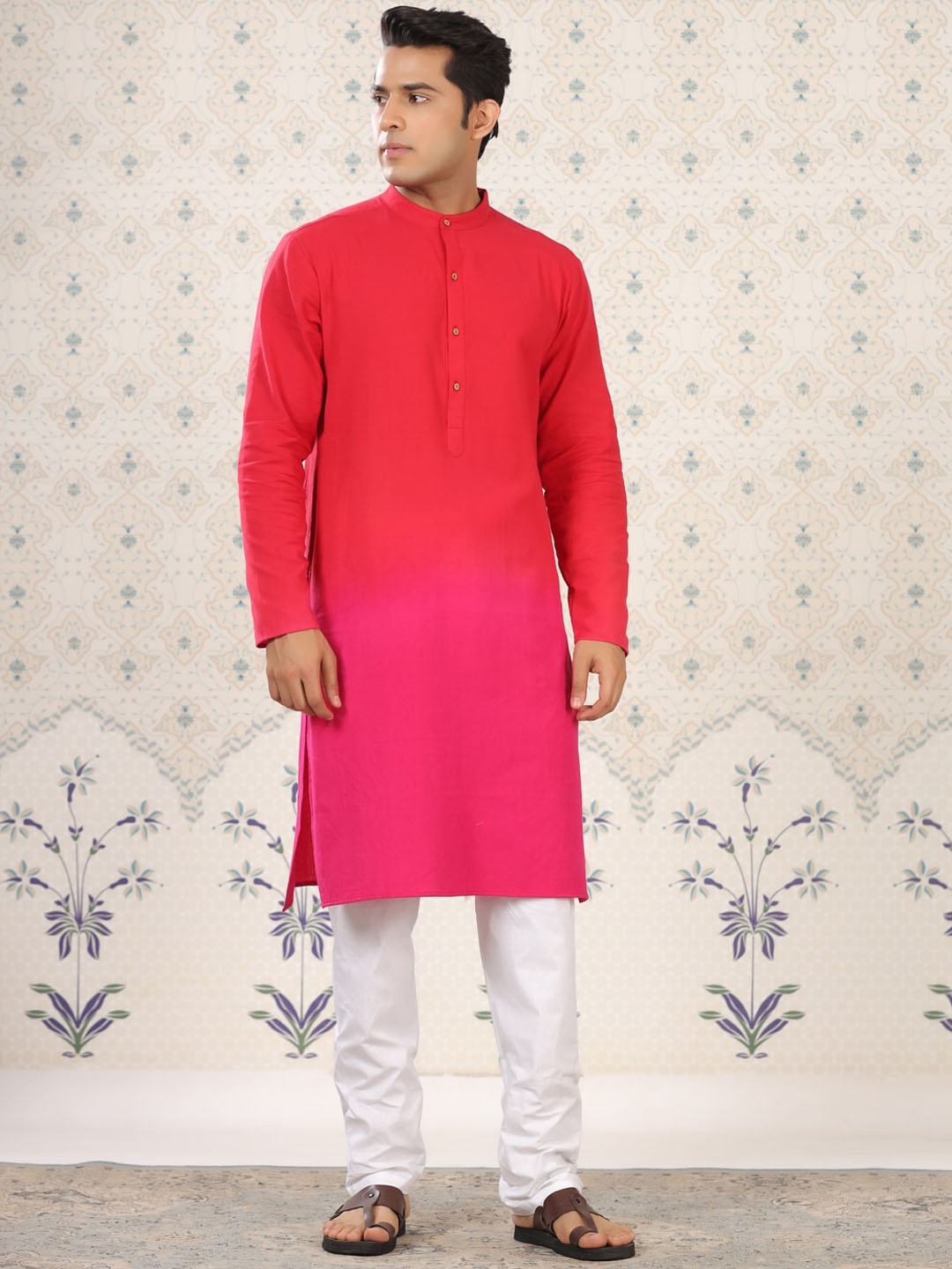 

Ode by House of Pataudi Band Collar Ombre Dyed Cotton Linen Regular Kurta, Orange