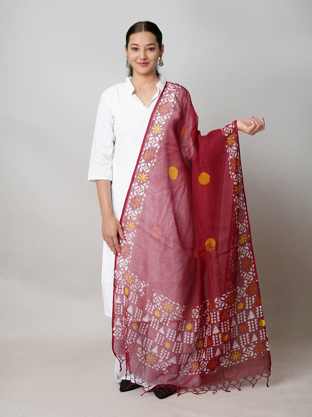 

Unnati Silks Pure Rajasthani Kota Hand Block Wax Batik Printed Kota Cotton Dupatta, Red