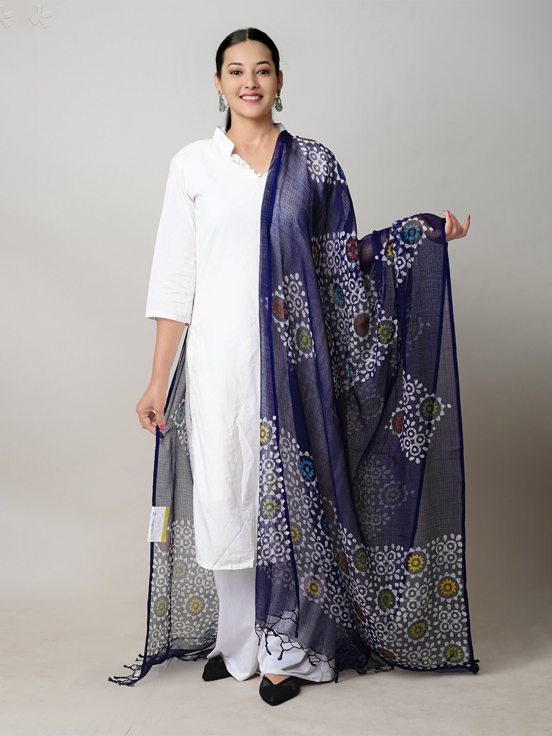 

Unnati Silks Blue Ethnic Motifs Printed Kota Cotton Block Wax Batik Dupatta