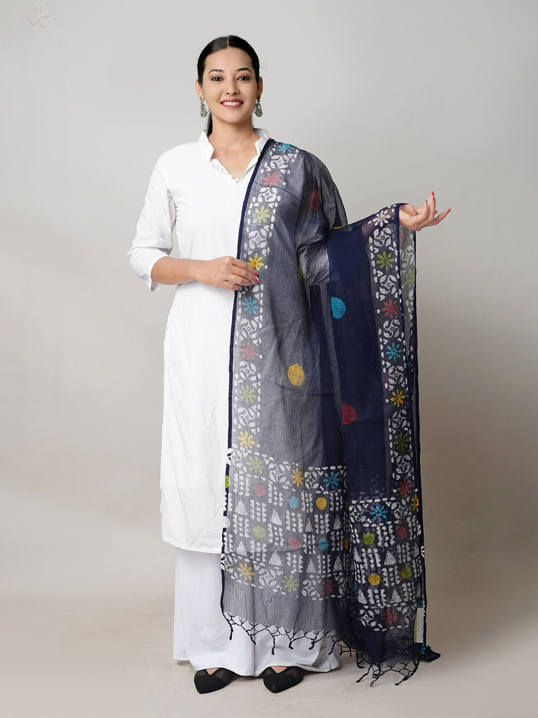 

Unnati Silks Wax Batik Ethnic Motifs Block Printed Kota Cotton Dupatta, Navy blue