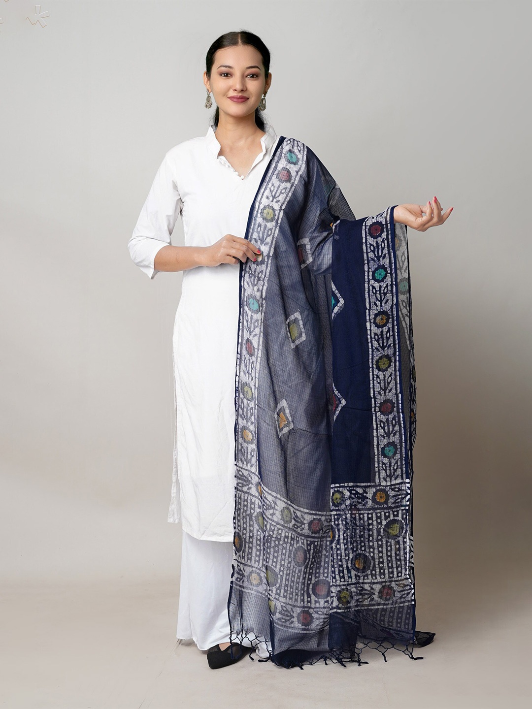 

Unnati Silks Wax Batik Ethnic Motifs Block Printed Kota Cotton Dupatta, Navy blue