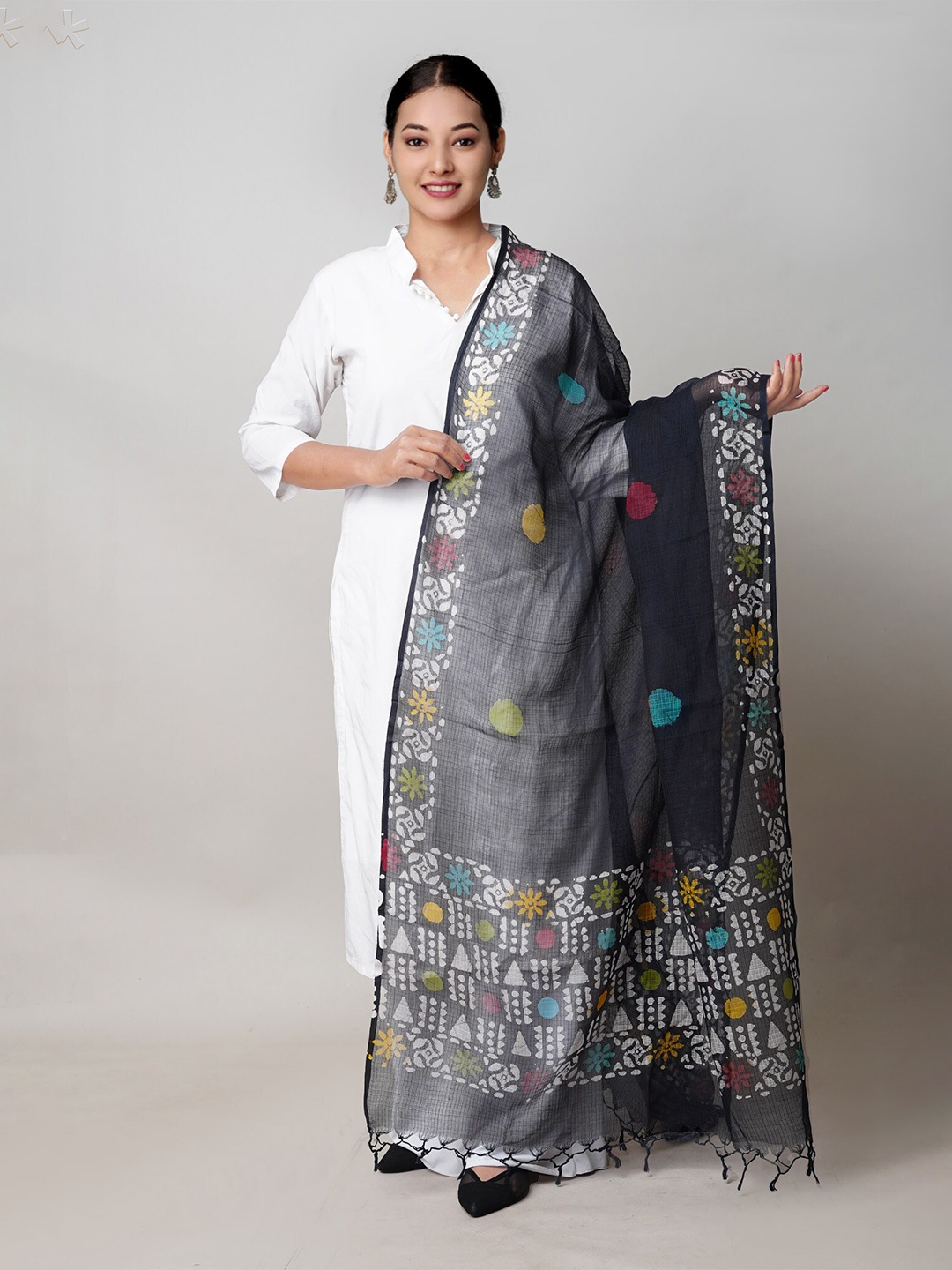 

Unnati Silks Wax Batik Ethnic Motifs Block Printed Kota Cotton Dupatta, Black